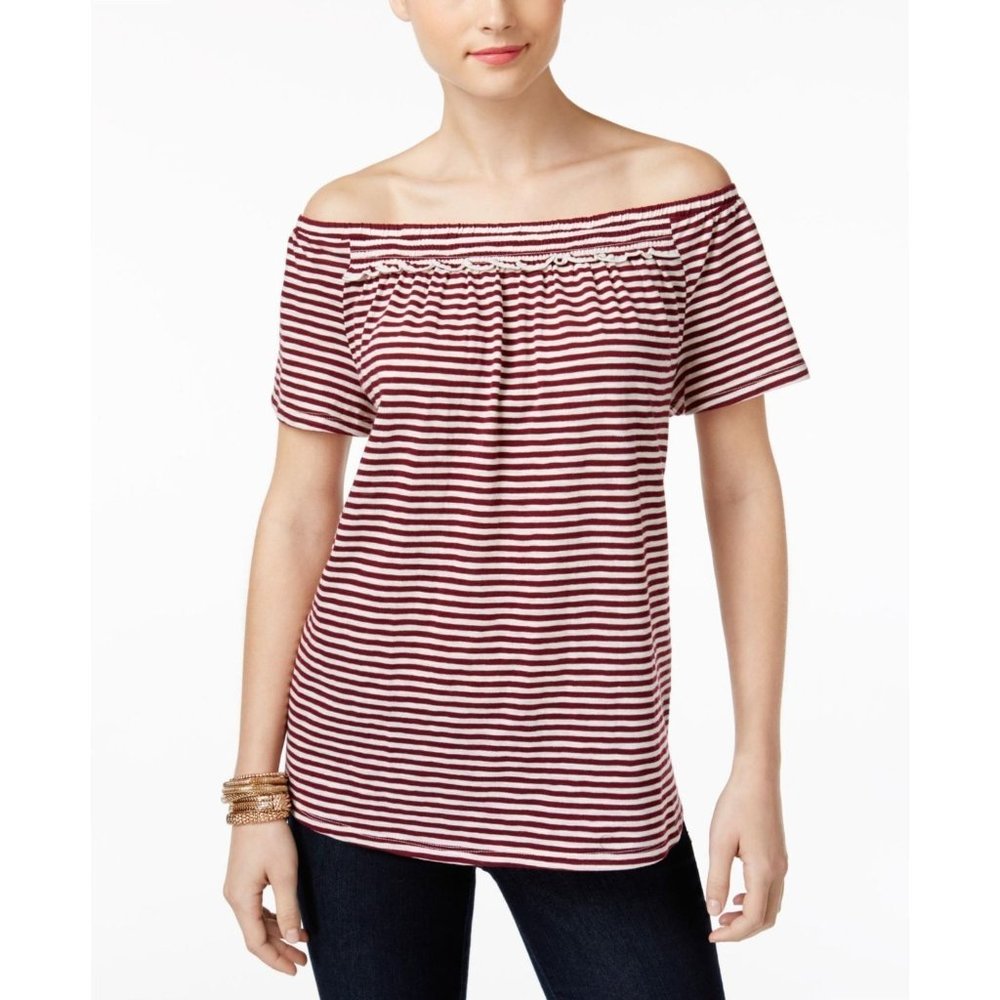 Style & Co Women Top Off the Shoulder Pullover Shirt Smocked Wine Striped L $39